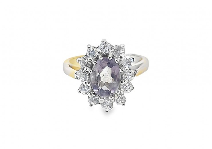 Pre-owned 9ct Yellow Gold Amethyst & Cubic Zirconia Cluster Ring 