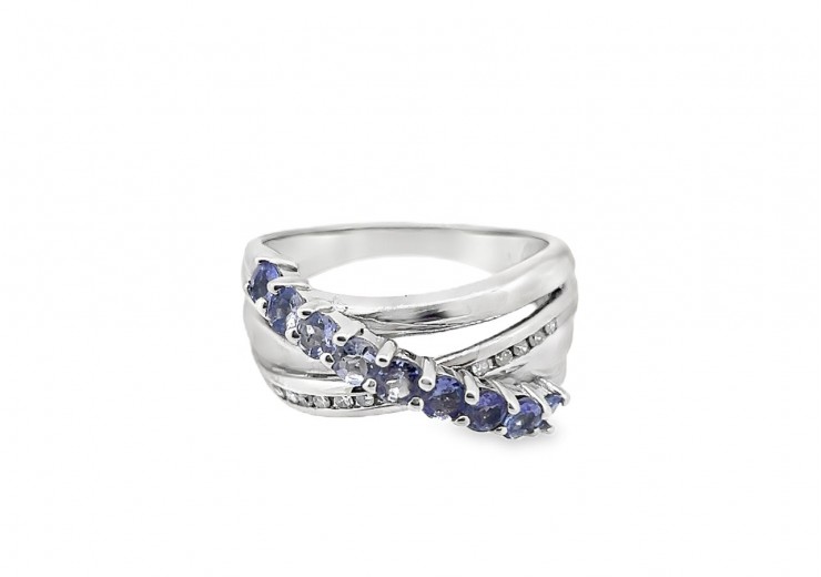 Pre-owned 14ct White Gold Tanzanite & Diamond Cross Over Ring 