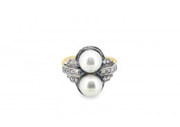 Pre-owned 18ct Yellow Gold Pearl & Diamond Art Deco Style Ring 