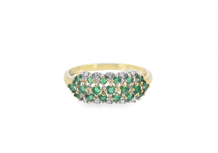 Pre-owned 9ct Yellow Gold Emerald & Diamond Cluster Ring