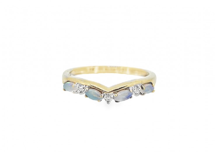 Pre-owned 9ct Yellow Gold Opal & Diamond Wishbone Ring