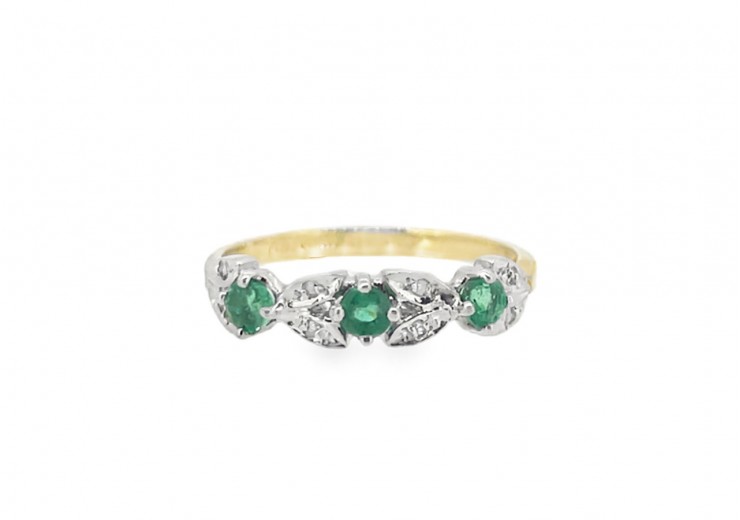 Pre-owned 9ct Yellow & White Gold Emerald & Diamond Dress Ring