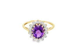 Pre-owned 9ct Yellow Gold Amethyst & Diamond Cluster Ring