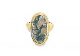 Pre-owned 9ct Yellow Gold Oval Moss Agate Dress Ring