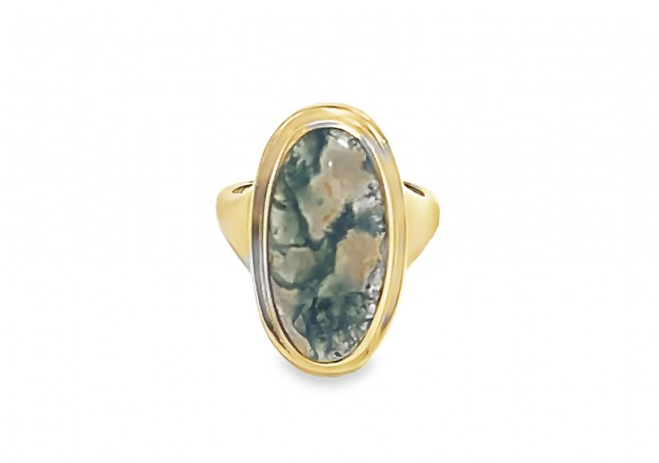 Pre-owned 9ct Yellow Gold Oval Moss Agate Dress Ring