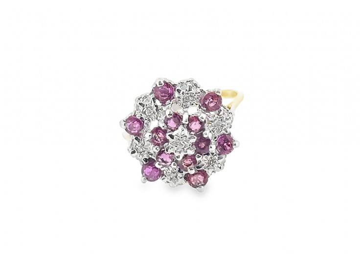 Pre-owned 9ct Yellow Gold Ruby & Diamond Cluster Ring 