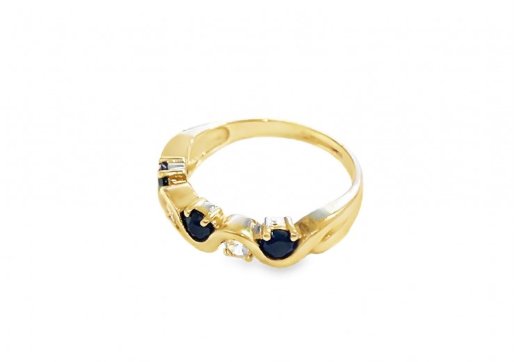 Pre-owned 9ct Yellow Gold Cubic Zirconia & Sapphire Wave Ring 